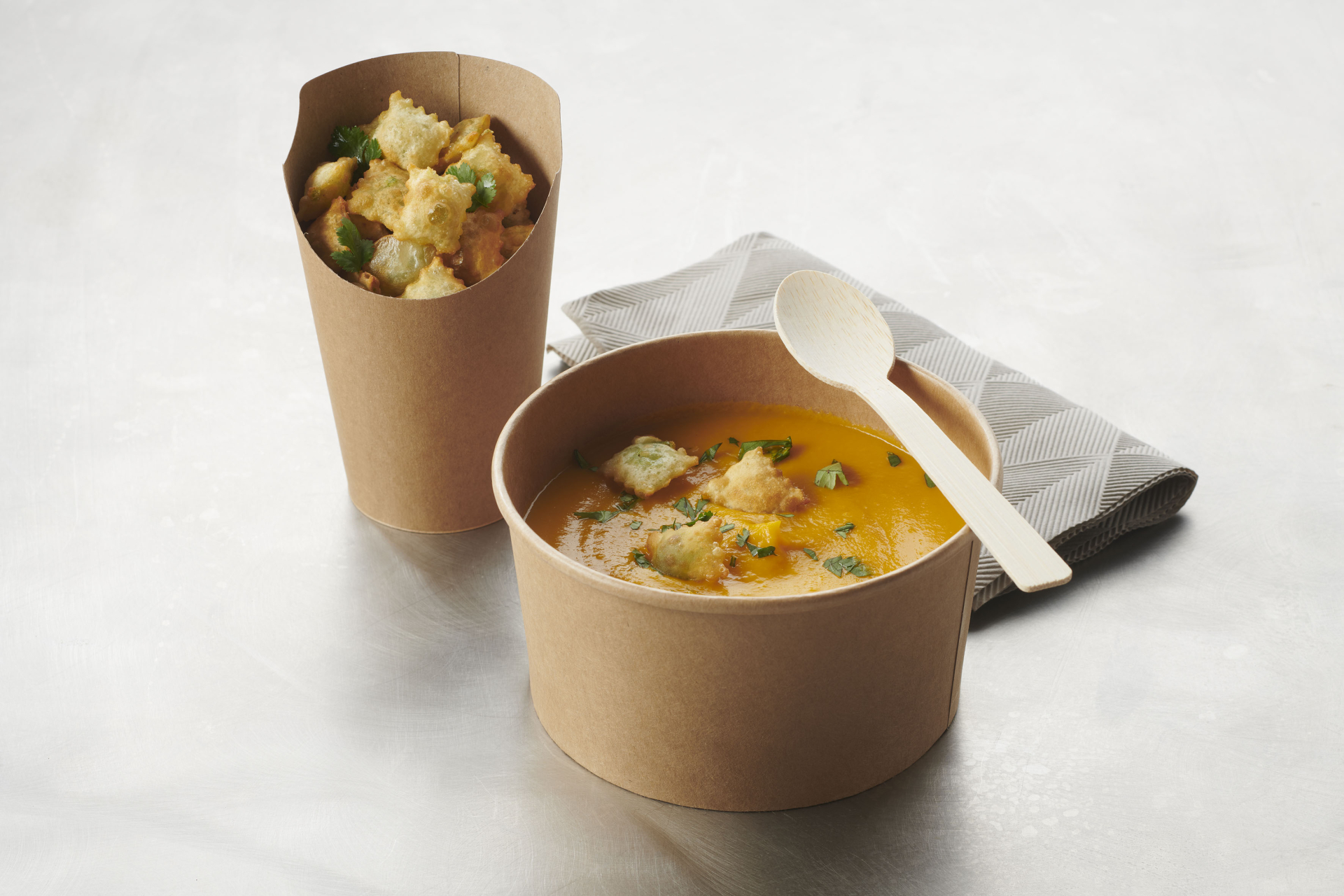 Crème de Potimarron au gingembre & ravioles frites